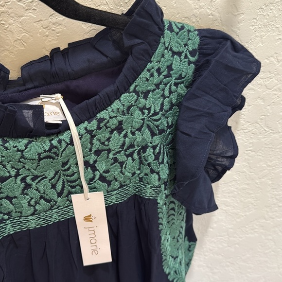 J.Marie navy and green ruffle neck and sleeve dress - Picture 4 of 6